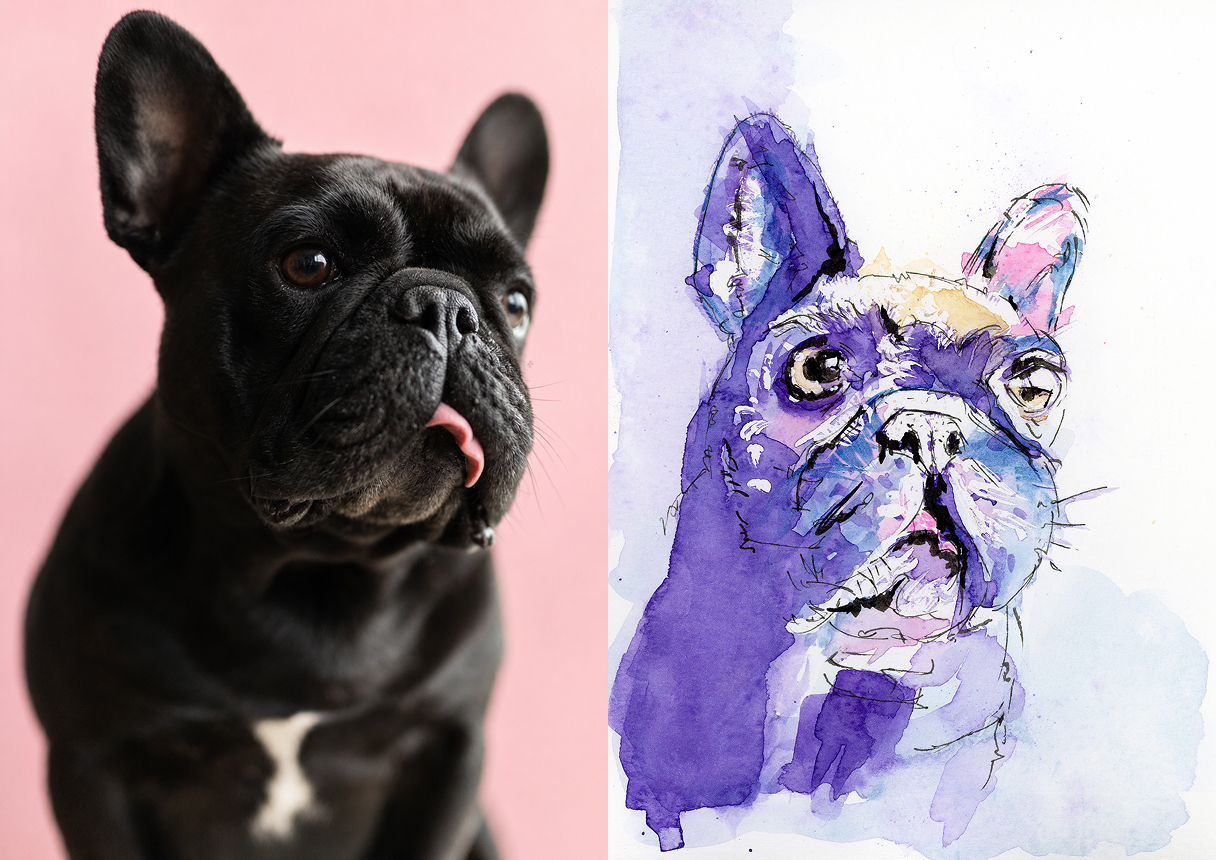 Custom pet portrait in Vancouver painted in watercolour and ink