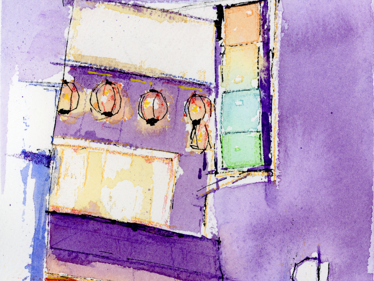 A watercolour and ink painting inspired by afternoons at a familiar corner spot, where food, laughter, and time flowed without thinking.